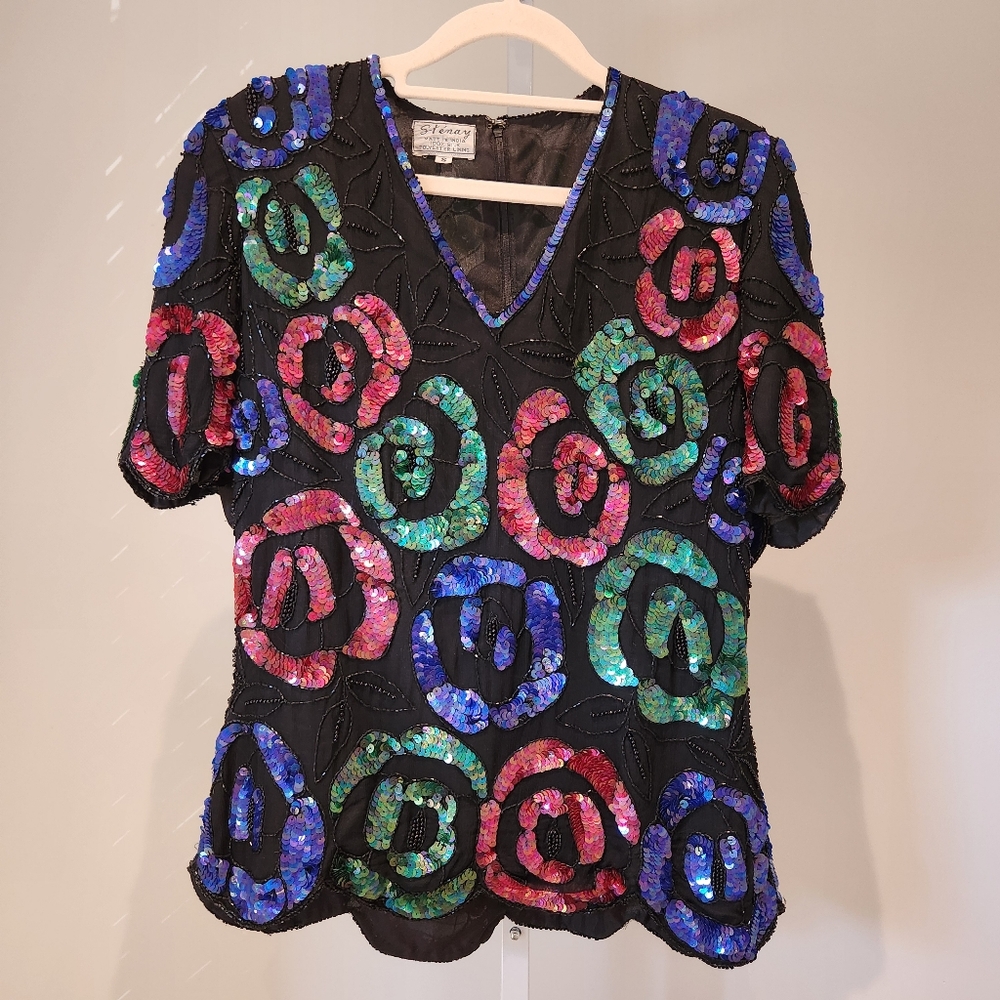 Vintage retro stenay silk sequin scalloped beaded formal top India size small S